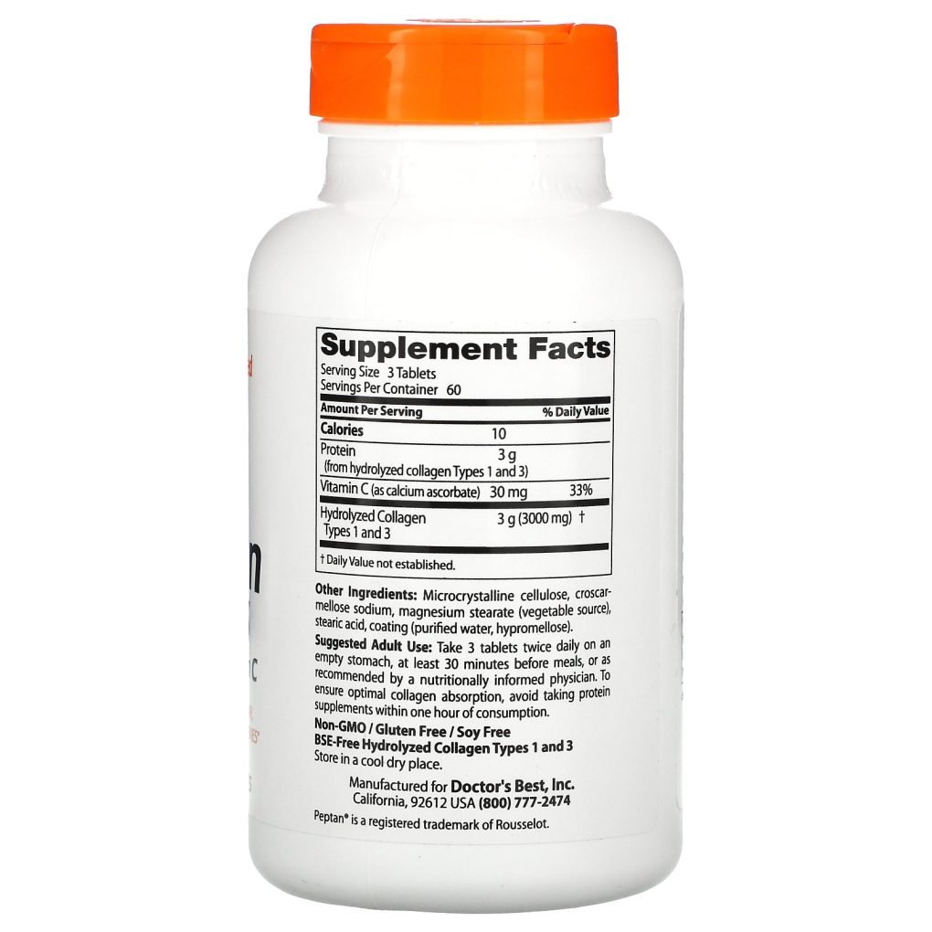 Doctor's Best, Collagen Types 1 and 3 with Peptan and Vitamin C, 1,000 mg, 180 Tablets - Image 2