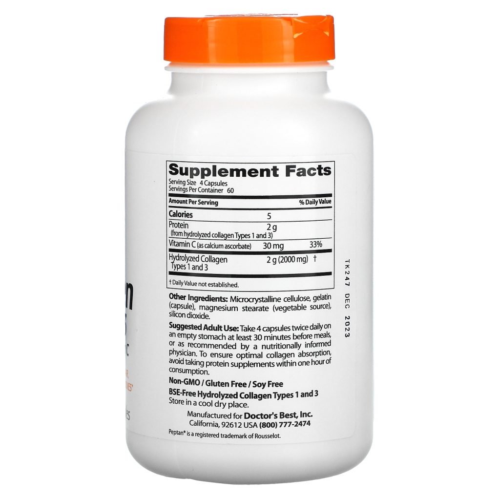 Doctor's Best, Collagen Types 1 and 3 with Peptan and Vitamin C, 125 mg, 240 Capsules - Image 2