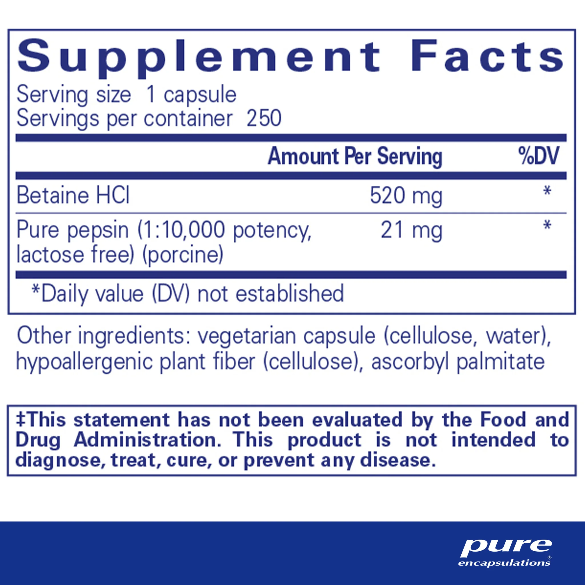 Pure encapsulations®Betaine HCl Pepsin 250 Capsules - Image 2