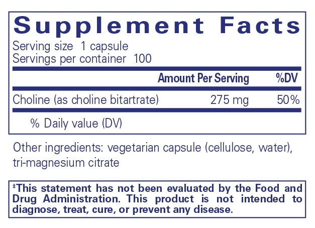 Pure encapsulations®Choline (bitartrate) 100 Capsules - Image 2