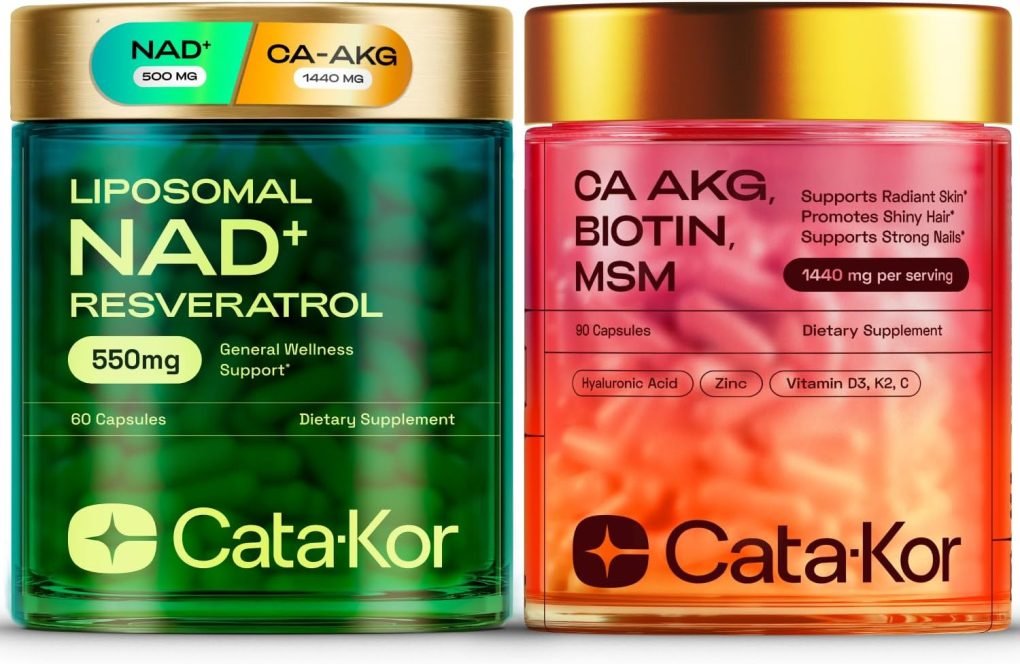 NAD+ Supplement & Ca-AKG Complex - Liposomal NAD+ Supplement with Resveratrol (60 Capsules) & Ca-AKG, MSM, Hyaluronic Acid & Biotin Beauty Complex (90 Capsules) – Third-Party Tested