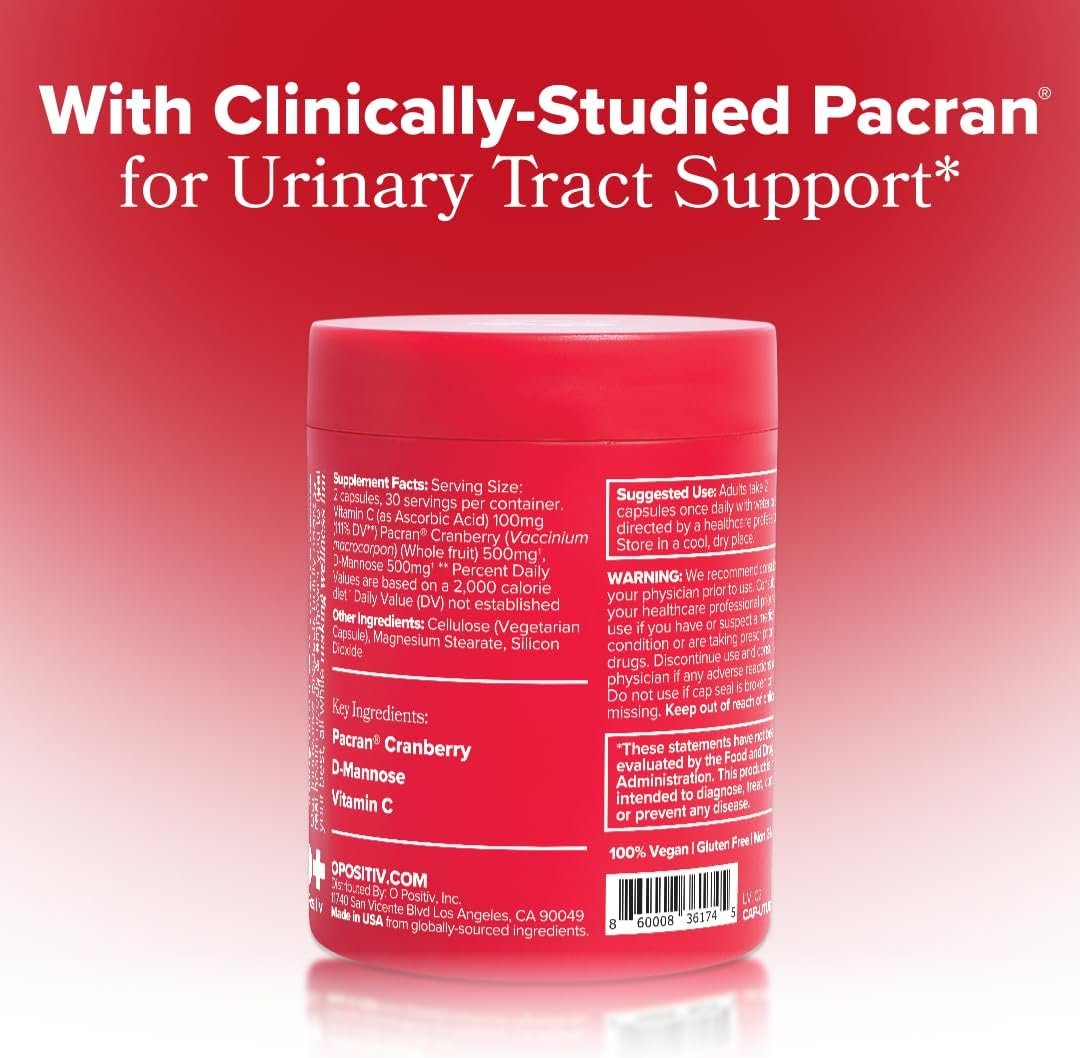 O Positiv URO Urinary Tract Health Supplement for Women, 60 Count (Pack of 1) - Urinary Support Vitamins with Pacran Complete Cranberry Extract, D-Mannose, & Vitamin C - Vegan & Gluten-Free - Image 2