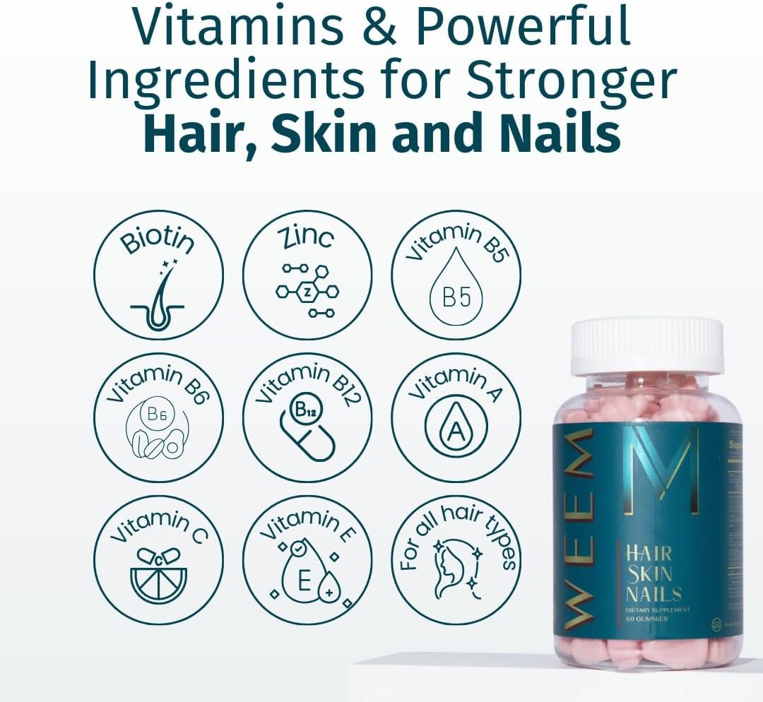 WEEM Hair Skin and Nails Gummies - Supports Healthy Hair - Vegan biotin Vitamins for Women & Men Supports Faster Hair Growth, Stronger Nails, Healthy Skin, Extra Strength (1) - Image 4