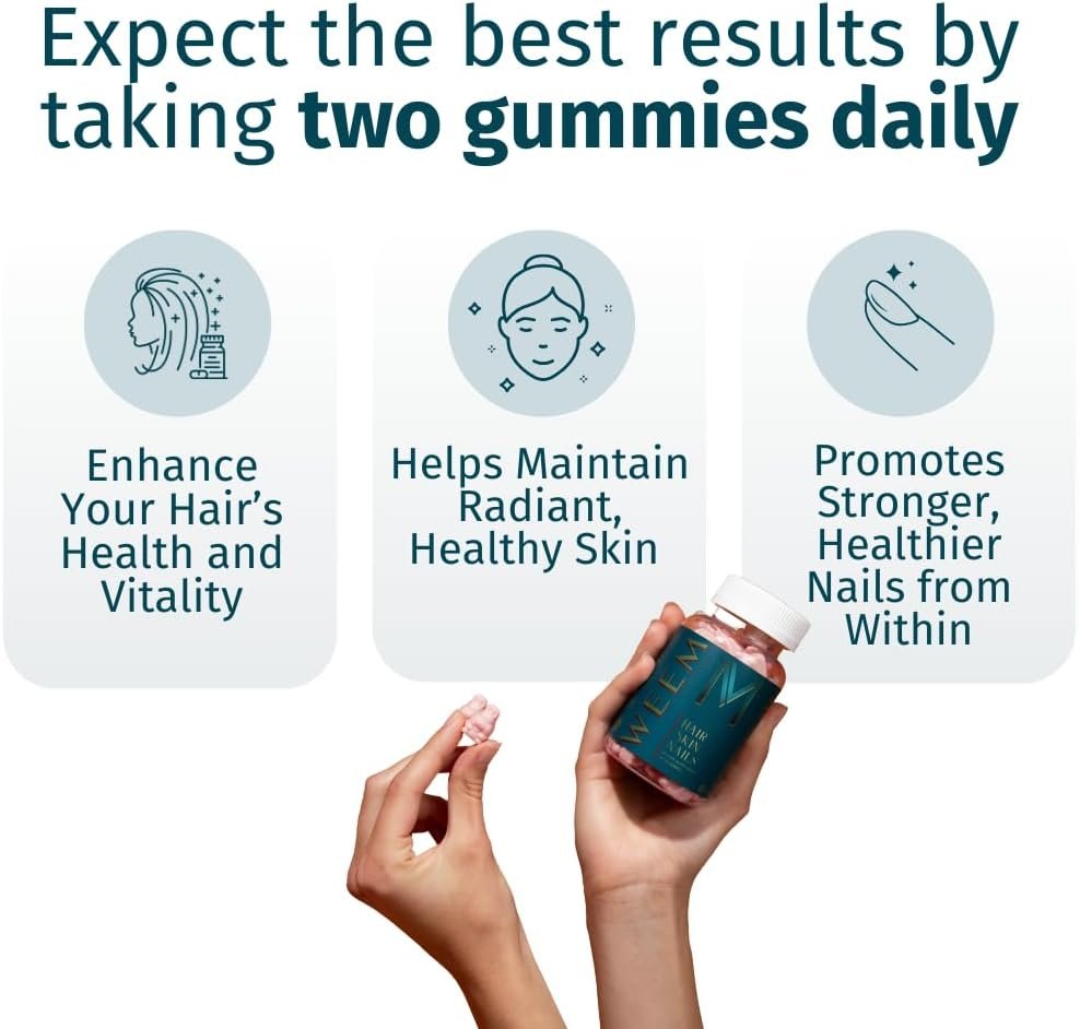 WEEM Hair Skin and Nails Gummies - Supports Healthy Hair - Vegan biotin Vitamins for Women & Men Supports Faster Hair Growth, Stronger Nails, Healthy Skin, Extra Strength (1) - Image 3