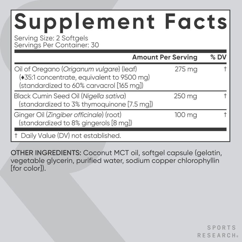 Serene Herbs Sports Research® Oil of Oregano 9500mg w/Black Cumin Seed Oil & Ginger Oil - 3-1 Antioxidant Combination Supplement Rich in Thymoquinone & Carvacrol - Gluten Free · Non-GMO - 60 Softgels - Image 6