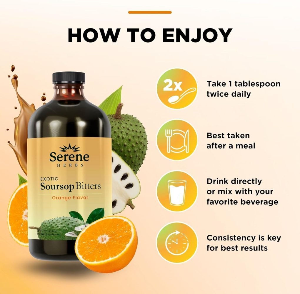 Serene Herbs Soursop Bitters Liquid – Organic Herbal Sour SOP Guanabana with Black Seed, Moringa, Irish Moss & Ginger – Gut Support, Energy & Immune Boost – Vegan, Non-GMO – Orange Flavor – 16 oz - Image 6