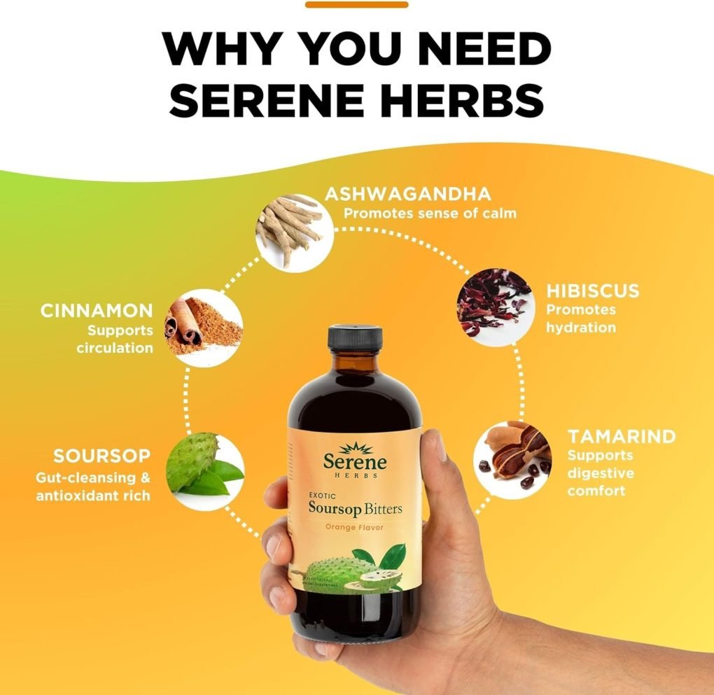 Serene Herbs Soursop Bitters Liquid – Organic Herbal Sour SOP Guanabana with Black Seed, Moringa, Irish Moss & Ginger – Gut Support, Energy & Immune Boost – Vegan, Non-GMO – Orange Flavor – 16 oz - Image 7