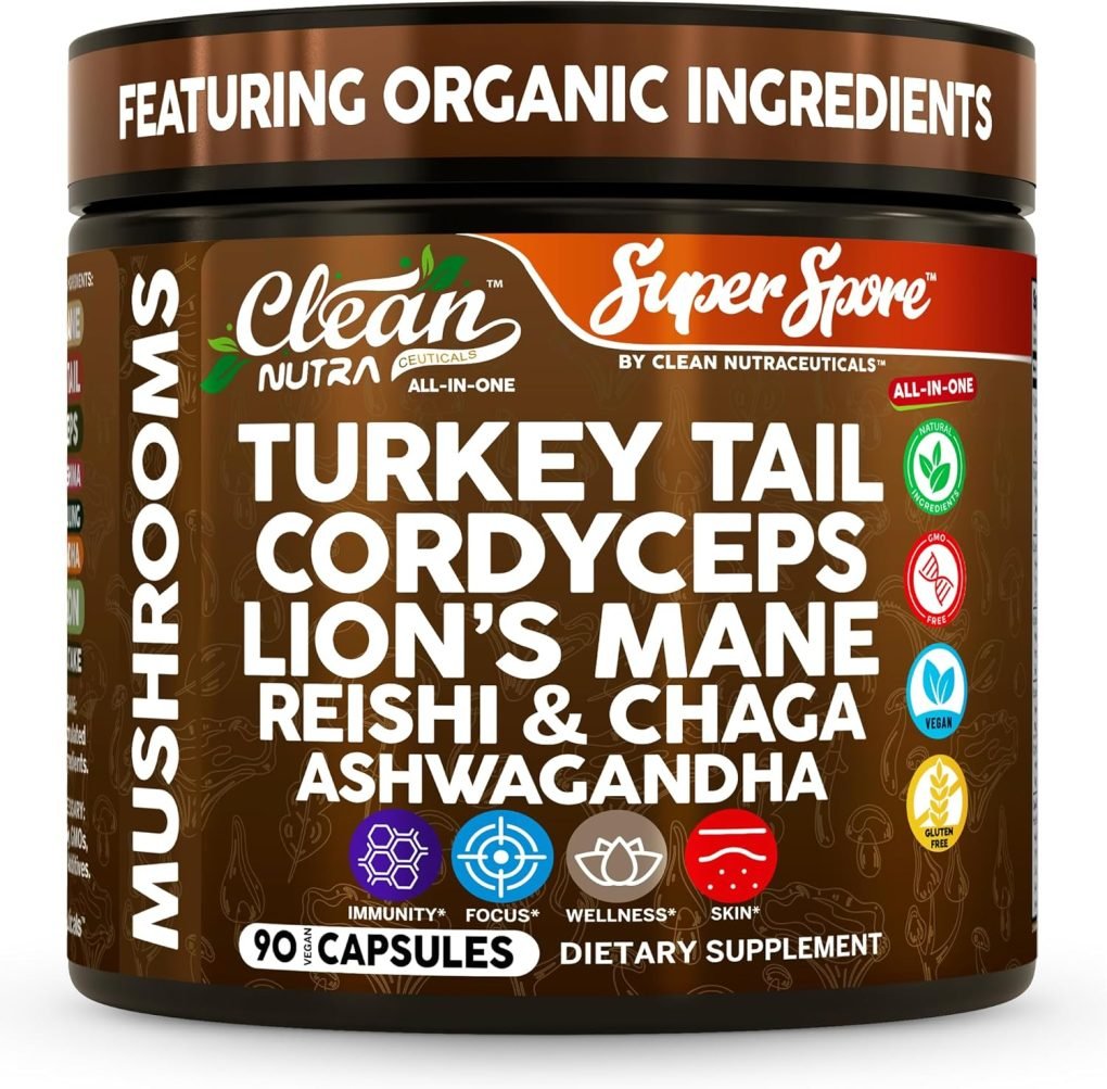 Serene Herbs Organic Turkey Tail Mushroom Supplement Capsules | Lions Mane Cordyceps Reishi Chaga + Ashwagandha Stress Relief Nootropic Immunity Adaptogens Mood Support 90 Vegan Capsules by Clean Nutra