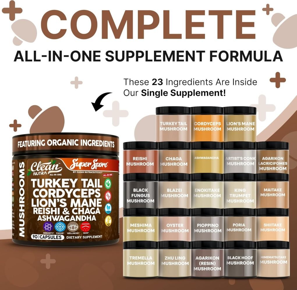 Serene Herbs Organic Turkey Tail Mushroom Supplement Capsules | Lions Mane Cordyceps Reishi Chaga + Ashwagandha Stress Relief Nootropic Immunity Adaptogens Mood Support 90 Vegan Capsules by Clean Nutra - Image 4