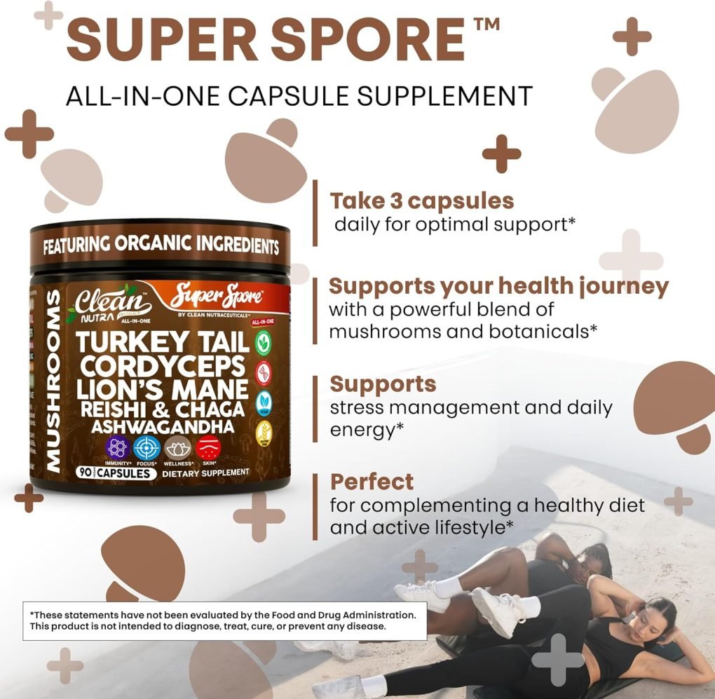 Serene Herbs Organic Turkey Tail Mushroom Supplement Capsules | Lions Mane Cordyceps Reishi Chaga + Ashwagandha Stress Relief Nootropic Immunity Adaptogens Mood Support 90 Vegan Capsules by Clean Nutra - Image 7
