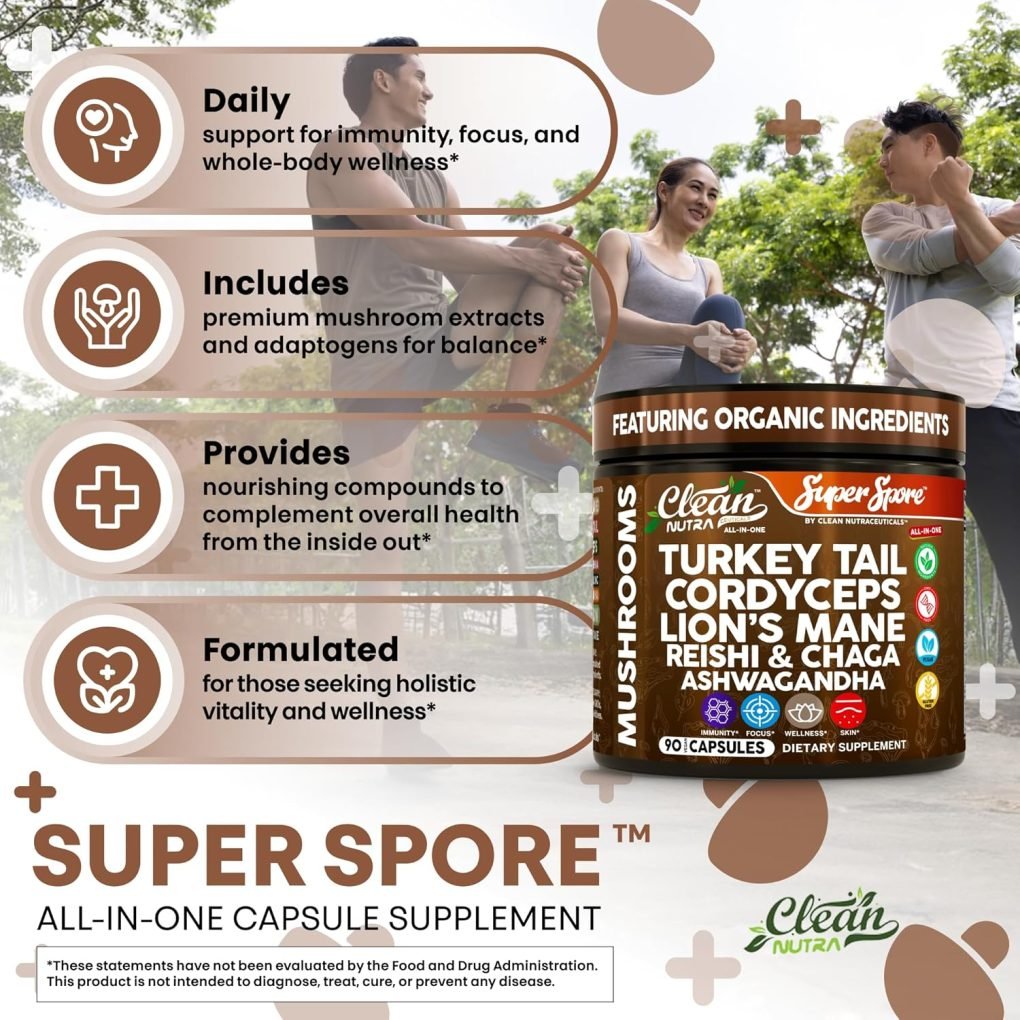 Serene Herbs Organic Turkey Tail Mushroom Supplement Capsules | Lions Mane Cordyceps Reishi Chaga + Ashwagandha Stress Relief Nootropic Immunity Adaptogens Mood Support 90 Vegan Capsules by Clean Nutra - Image 6