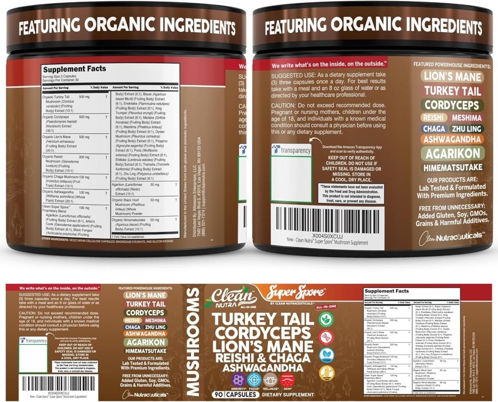 Serene Herbs Organic Turkey Tail Mushroom Supplement Capsules | Lions Mane Cordyceps Reishi Chaga + Ashwagandha Stress Relief Nootropic Immunity Adaptogens Mood Support 90 Vegan Capsules by Clean Nutra - Image 3