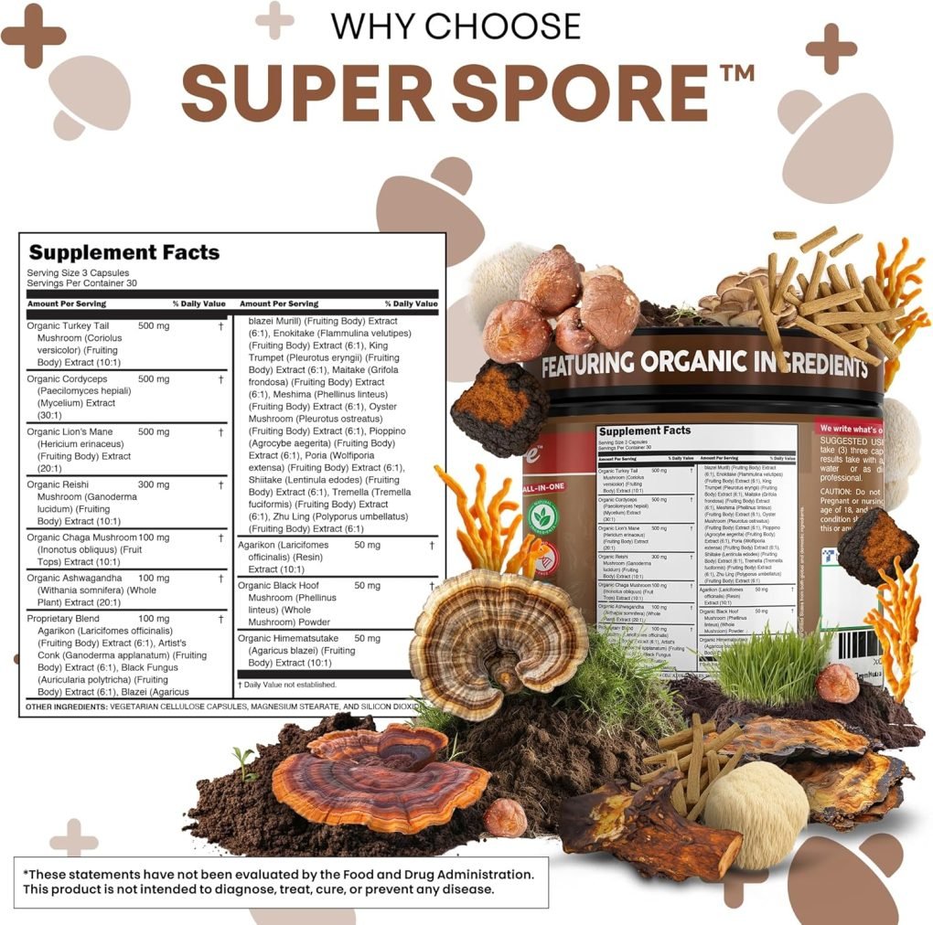 Serene Herbs Organic Turkey Tail Mushroom Supplement Capsules | Lions Mane Cordyceps Reishi Chaga + Ashwagandha Stress Relief Nootropic Immunity Adaptogens Mood Support 90 Vegan Capsules by Clean Nutra - Image 2
