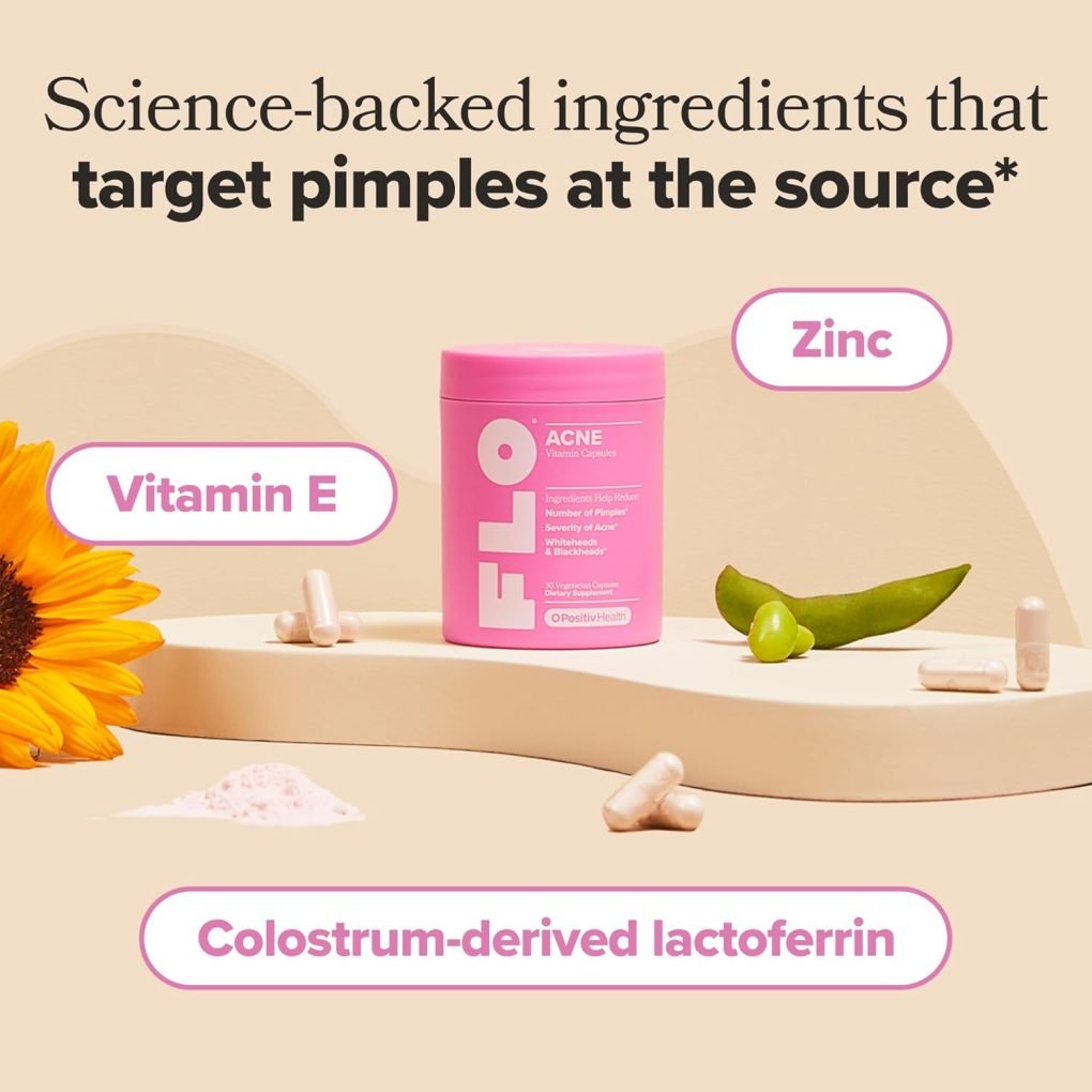 O Positiv FLO Acne Capsules – Reduce Number and Severity of Pimples, Whiteheads, Blackheads, and Pustules on Face, Back, and Body – Colostrum-Derived Lactoferrin, Zinc and Vitamin E – 30 Servings - Image 6