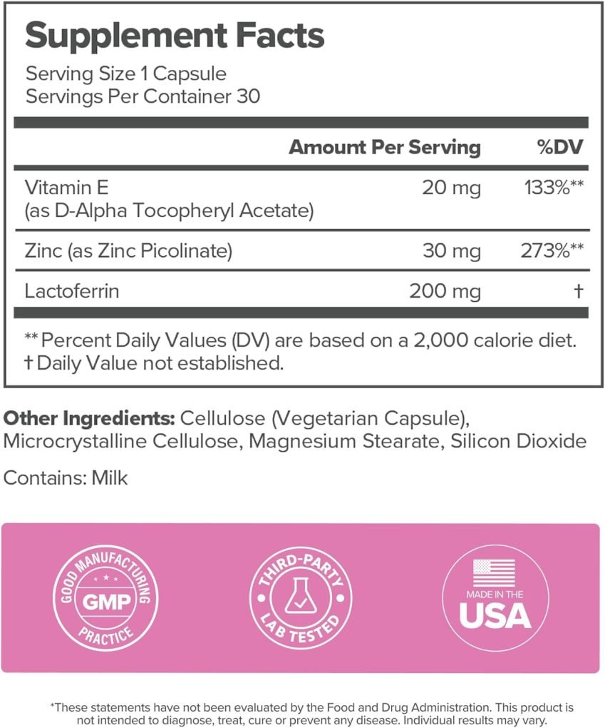 O Positiv FLO Acne Capsules – Reduce Number and Severity of Pimples, Whiteheads, Blackheads, and Pustules on Face, Back, and Body – Colostrum-Derived Lactoferrin, Zinc and Vitamin E – 30 Servings - Image 4